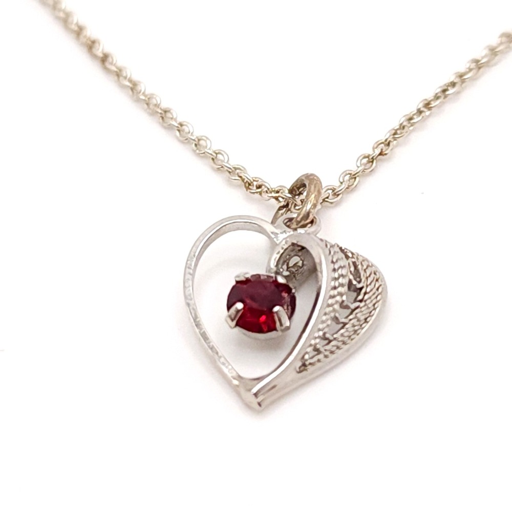 Silver Tone Heart Pendant Necklace Red Stone Romantic Gift Jewelry